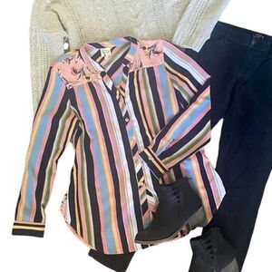 Anthropologie Fig & Flower Multi Stripe & Flora Long Sleeve Button Shirt Women L